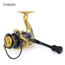 Load image into Gallery viewer, YUMOSHI 13+1BB Full Metal Spinning Fishing Reel 4.7:1/5.5:1 Gear Ratio Pesca Aluminum Spool Tackle With Foldable Handle