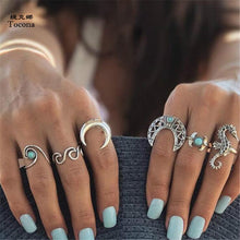 Load image into Gallery viewer, 6pcs/Set Bohemia Silver Moon Hippocampi Wave Rings Set Rhinestone Knuckle Finger Midi Rings

