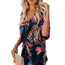Load image into Gallery viewer, Fashion Concise Bohemia Style Women&#39;s Floral Printed V Neck Ruched Twist Tops Short Sleeve Loose Casual Vacation Shirts
